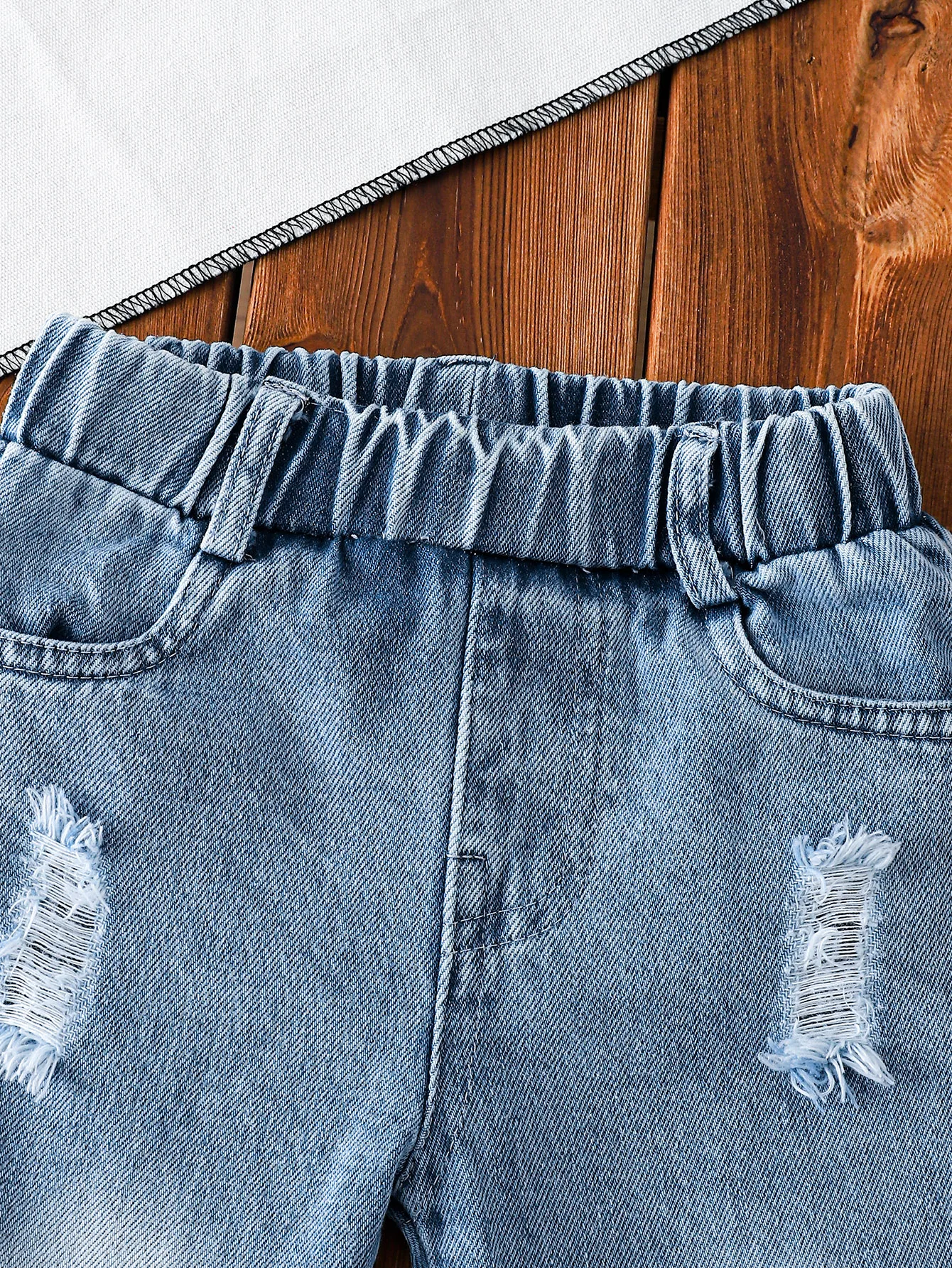 Jungen Frühling Herbst Hellblaue Zerrissene Jeans mit Elastischem Bund Lange Hosen für Babys – Detail 3
