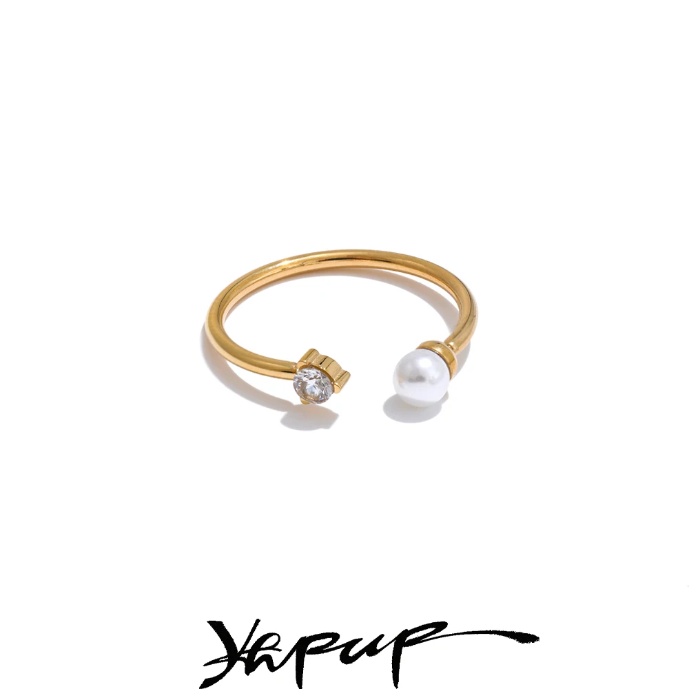 Yhpup Verdünner Edelstahl Imitation Perlen Zirkon Chic Offenen Ring für Frauen Mode Charme Finger Schmuck Zubehör Geschenk