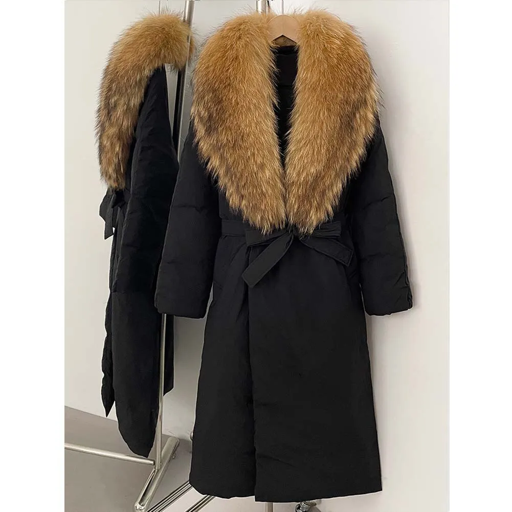 เสื้อโค้ทขนเป็ดขาวแท้สำหรับผู้หญิง ฤดูหนาวปี 2025  คอปกขนฟ็อกซ์แท้  แบบยาวพองตัว  หนานุ่ม อุ่น  พร้อมขนแท้