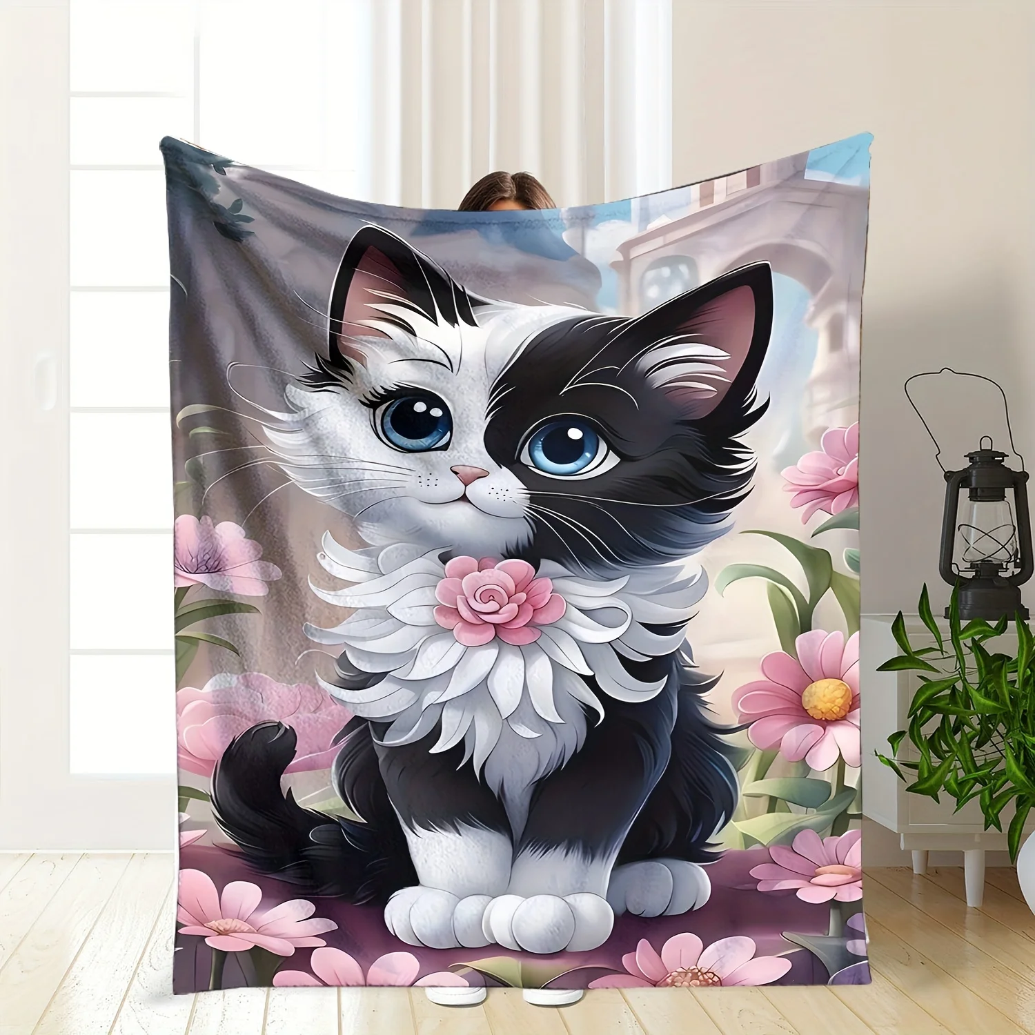 Black White Cat Pink Flower Aesthetic Illustration Blanket for Girl Room Sweet Pet Print Throw Plush Fleece Gift