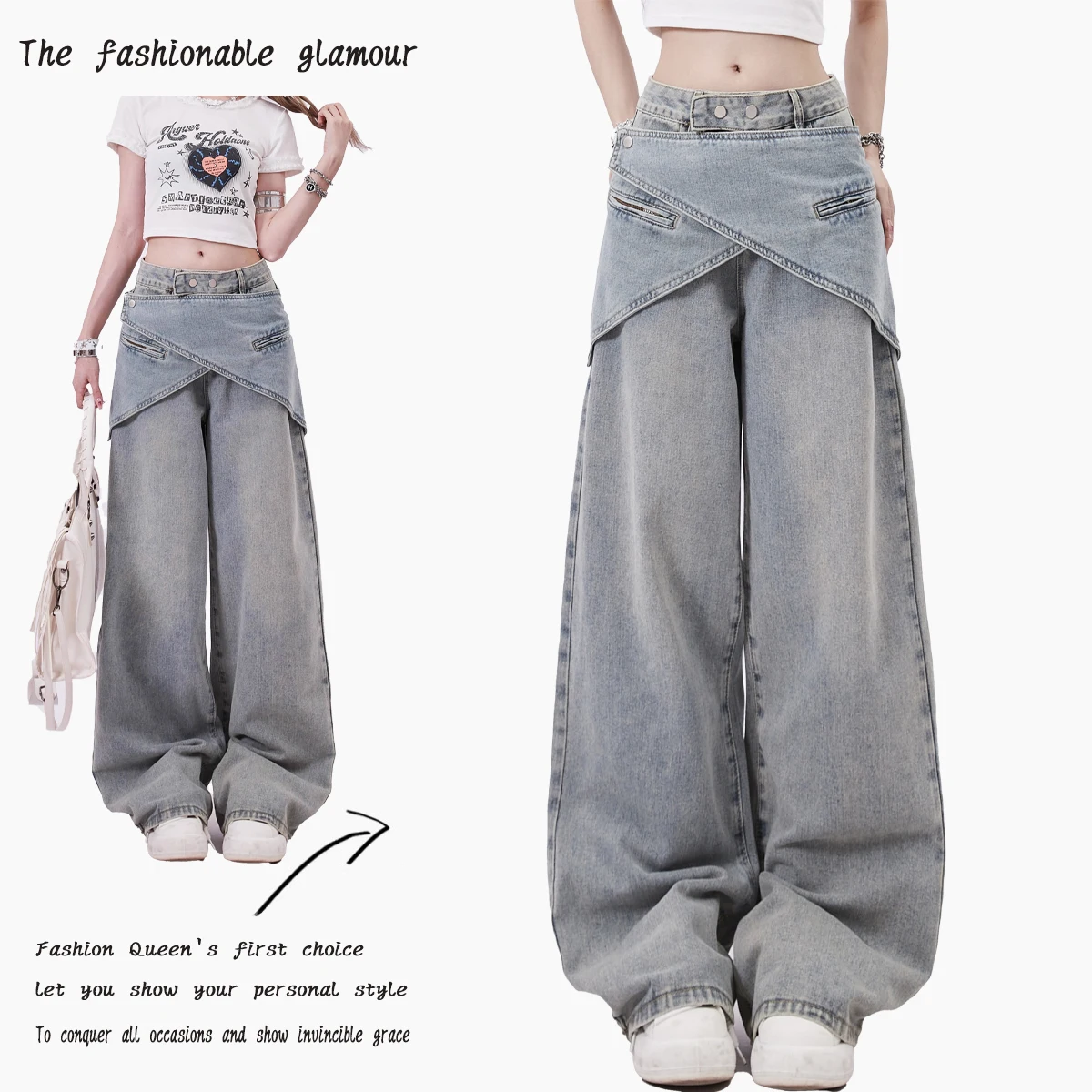 

Blue Womens Jeans High Waist Vintage Straight Autumn Y2K Classic Denim Pants Streetwear American Wide Leg Baggy Denim Trouser