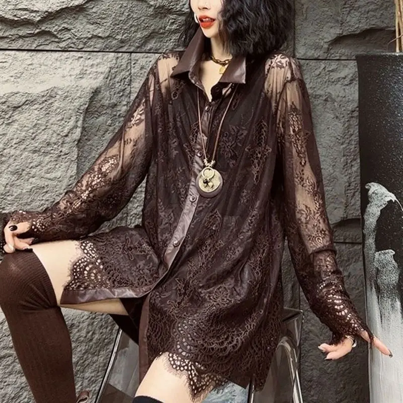 Fashion Sexy Lace Hollow Out Shirt Female Clothing Turn-down Collar Spliced Spring Autumn Commute Single-breasted Loose Blouse