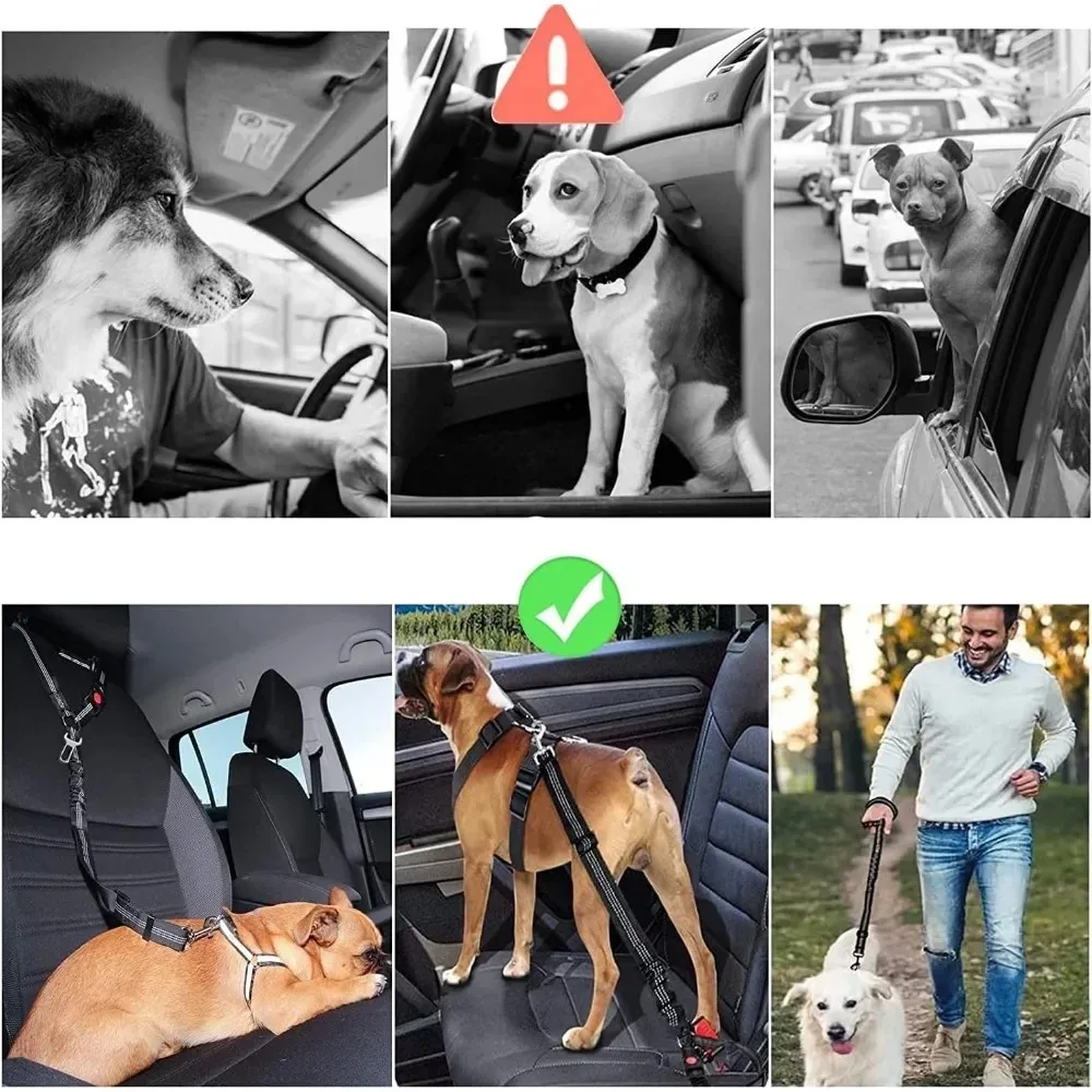 2-in-1 Dog Car Seatbelt Headrest Restraint Adjustable Reflective Pet Safety Seat Belt Clip Buckle Tether Large Medium Small Dogs