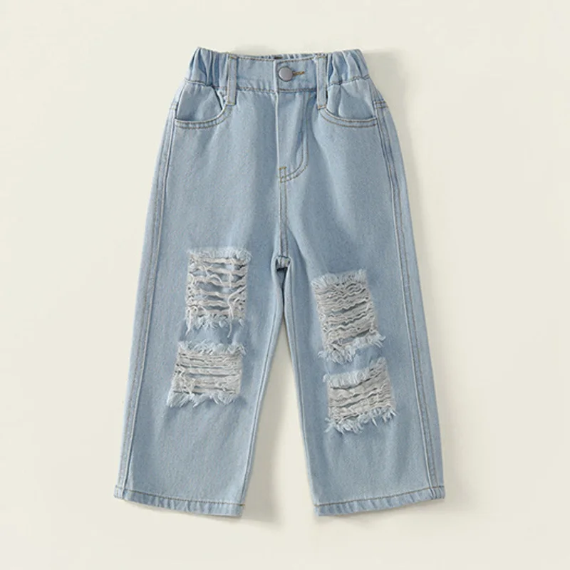 

Детские джинсы Baby Spring 2026: Новые модные широкие брюки с эффектом потертости для детей, осенние джинсовые штаны, повседневная одежда для малышей
