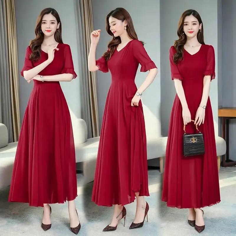 Spring Summer New Chiffon Solid Beach Skirt Long Sleeve V Neck Loose Plus Size Ladies Dresses Temperament Elegant Women Clothing