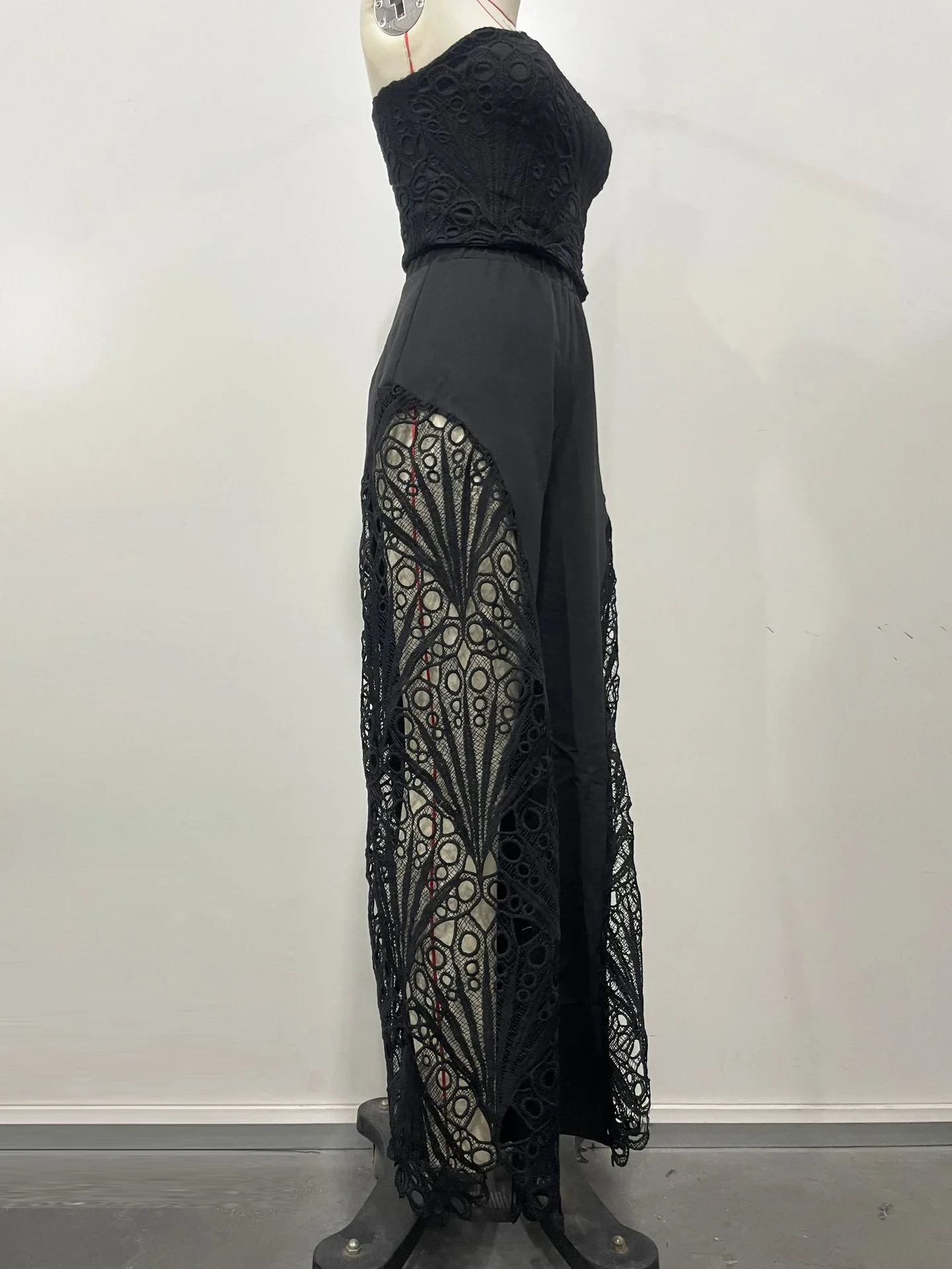 BWQ elegante ahueca hacia fuera el pecho de encaje Croset tubo superior y pantalones de piernas anchas conjunto de chándales de encaje para mujer conjunto Palazzo ropa Sexy para discoteca