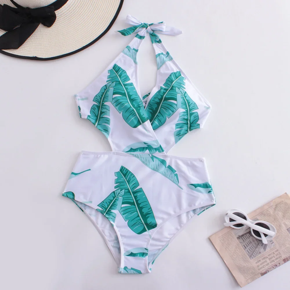 

V-neck Halter Bikini Hollow Out Bandage Backless Monokini Vacation Swimwears Women Swimsuit Brazilian Beach Outfit Bathing Suits
