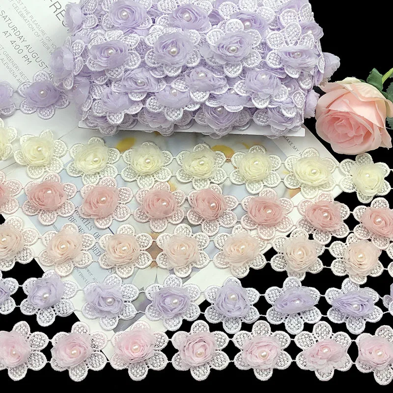 

2 Yards 5cm Wide Beautiful Pearl Flower Lace Trim for Bridal Hairpiece Costume Jewelry Decoration DIY Sewing Accessories