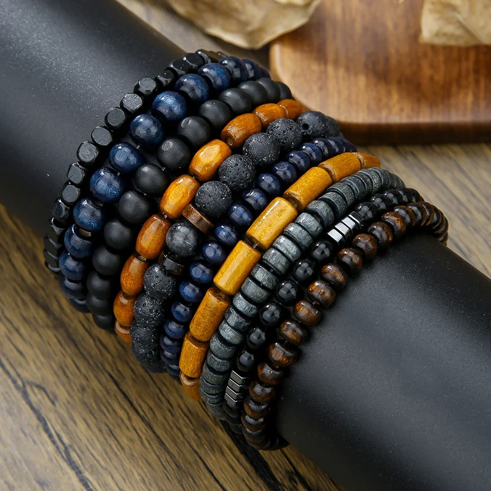 Vintage Wood Beads Coconut Shell Volcanic Stone Handmade Beaded Bracelet 10 Sets Men\\\\\'s Elastic Couple Brazalete Bracelet