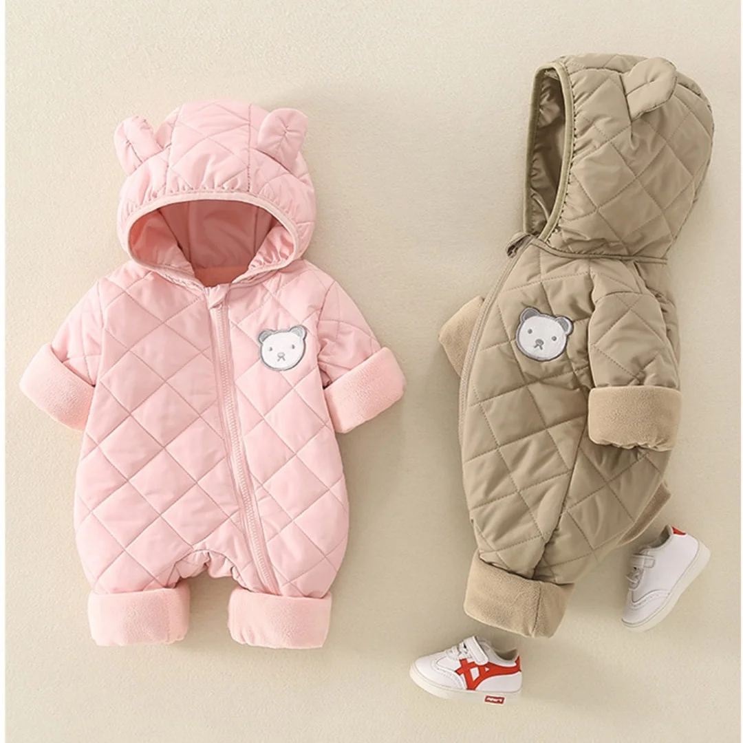 

0-3Y Infant Boy Girls Thickened Bodysuit 2025 Newborn Baby Quilted Romper Cartoon Bear Hooded Onesie Warm Winter Autumn Jumpsuit