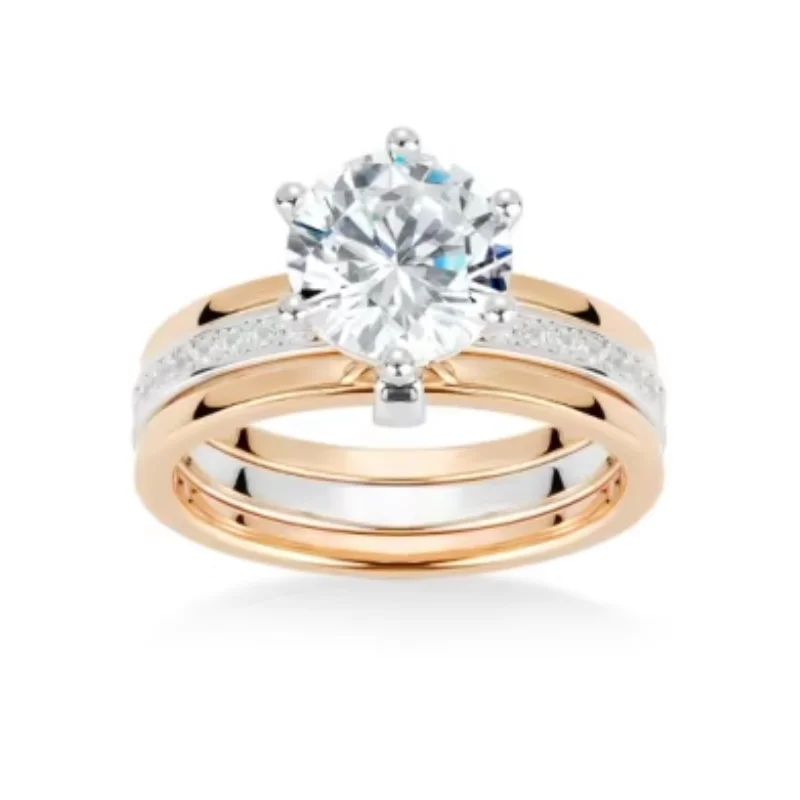 Bellux 925 Silver Synthetic Zircon Fashion Classic Design Rings White Round Diamond Six Claw Three Arm Champagne Ring