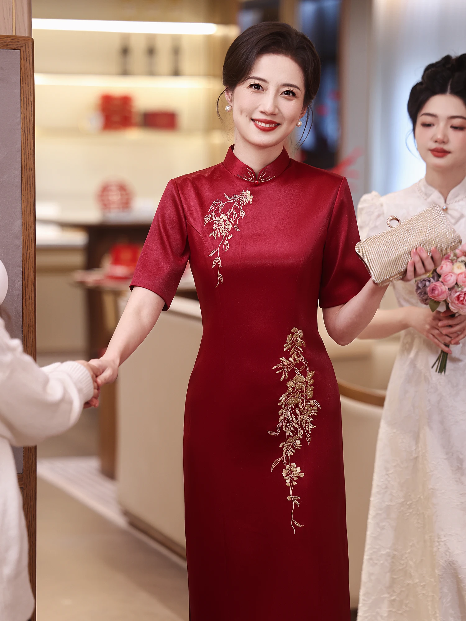 

Red Embroidered Wedding Dr Summer New Arrival ort Sve Midi Length Vintage Sle for Mother of the Bride