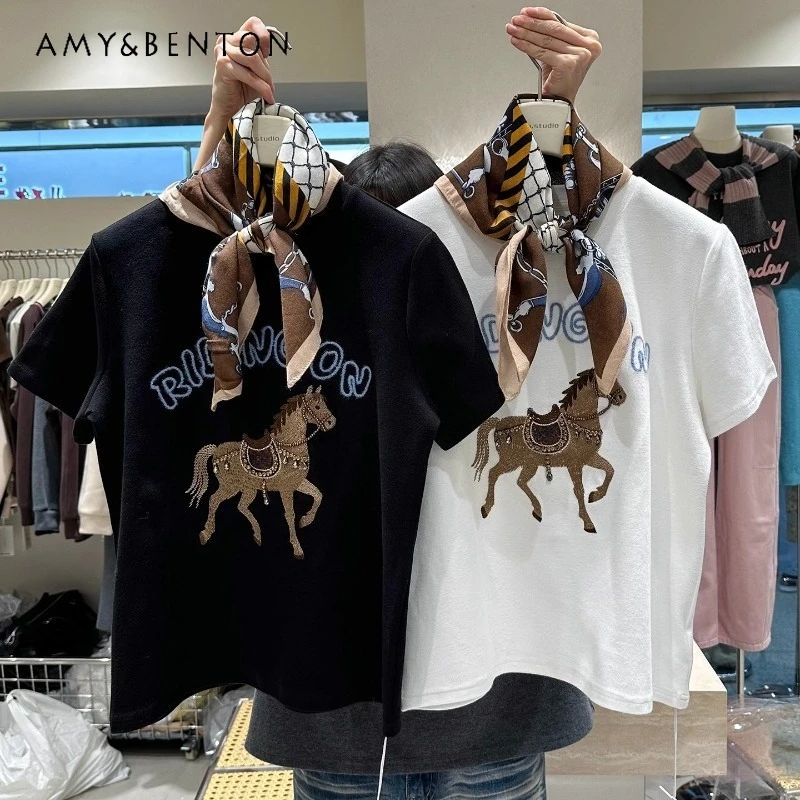 

New Year Horse High-End Heavy Embroidery Rhinestone Thickened Brushed Short Sleeves T-shirt Ladies Winter Crew Neck Pullover Top