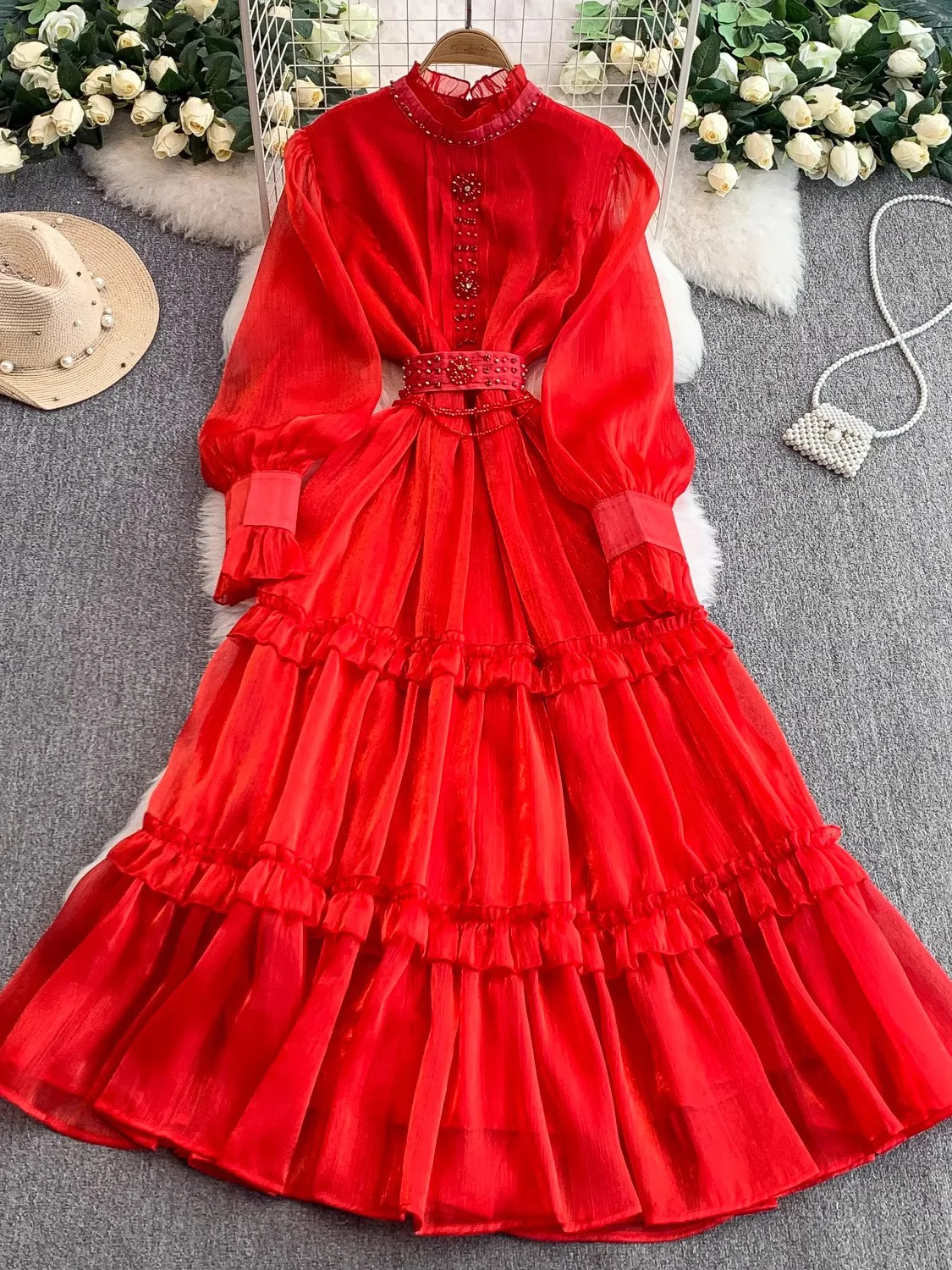 

Autumn Vintage Women Party Long Dress Elegant Stand Collar Lantern Sleeve Ruffle Maxi Vestidos Pink/Red/White Vestidos Robe New