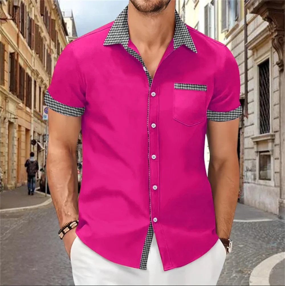 Patchwork printed shirt for men, solid color, comfortable and soft short sleeve top, large size, summer New