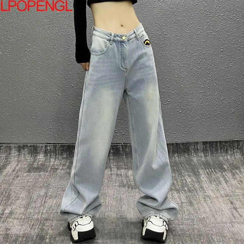 Washed Embroidered Light-colored Jeans For Women Spring Style High-waisted Loose Denim Trousers Straight Wide-leg Pants