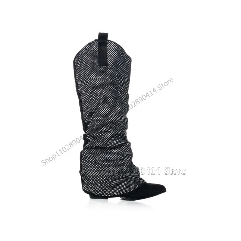 

Rhinestone Decor Turned Over Pointed Toe Boots Slip On Women Shoes Chunky Heels Fashion Party Banquet 2023 Zapatos Para Mujere
