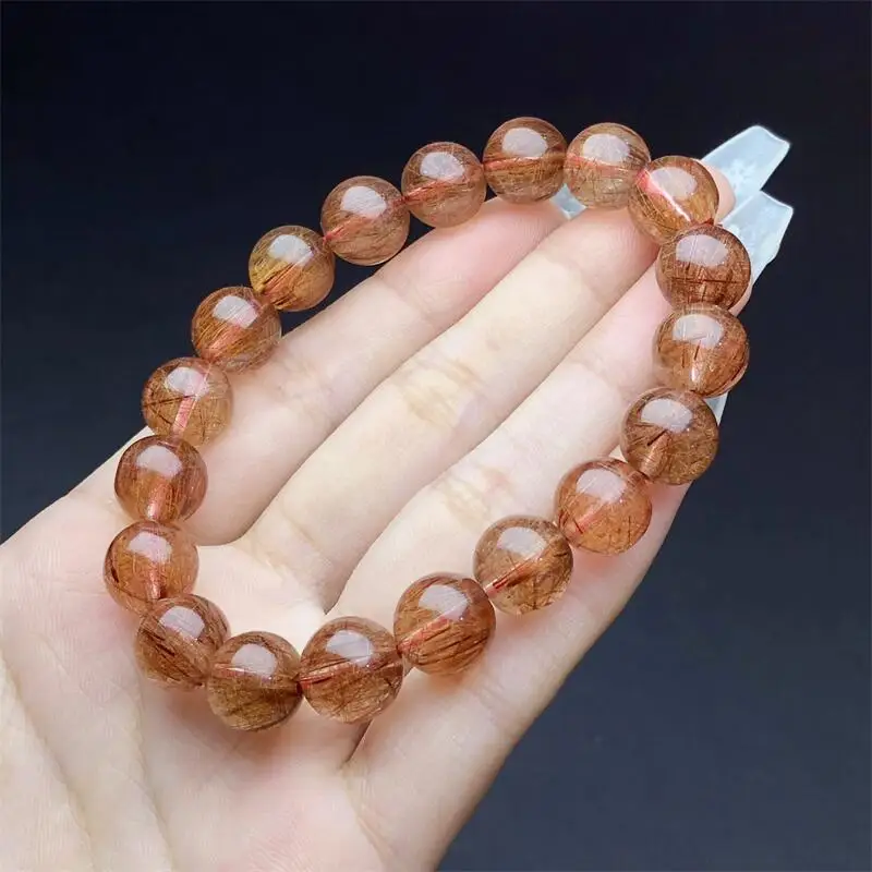 10MM Natural Red Copper Rutilated Quartz Bracelet Women Fashion Round Stone Elegant Healing Strand Wristband Gift 1PCS