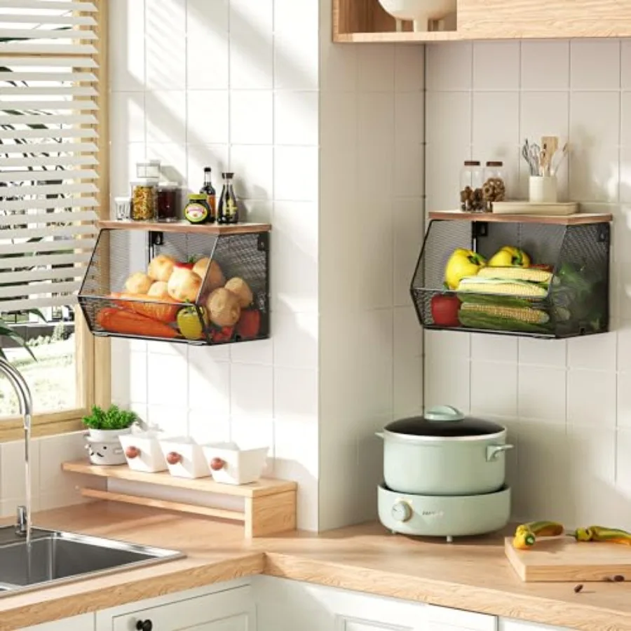 2 Tier Fruit Basket for Kitchen Counter, Stackable Onion and Potato Storage Basket, Wall Mounted Wire Basket with Wood Lid, Han view 4