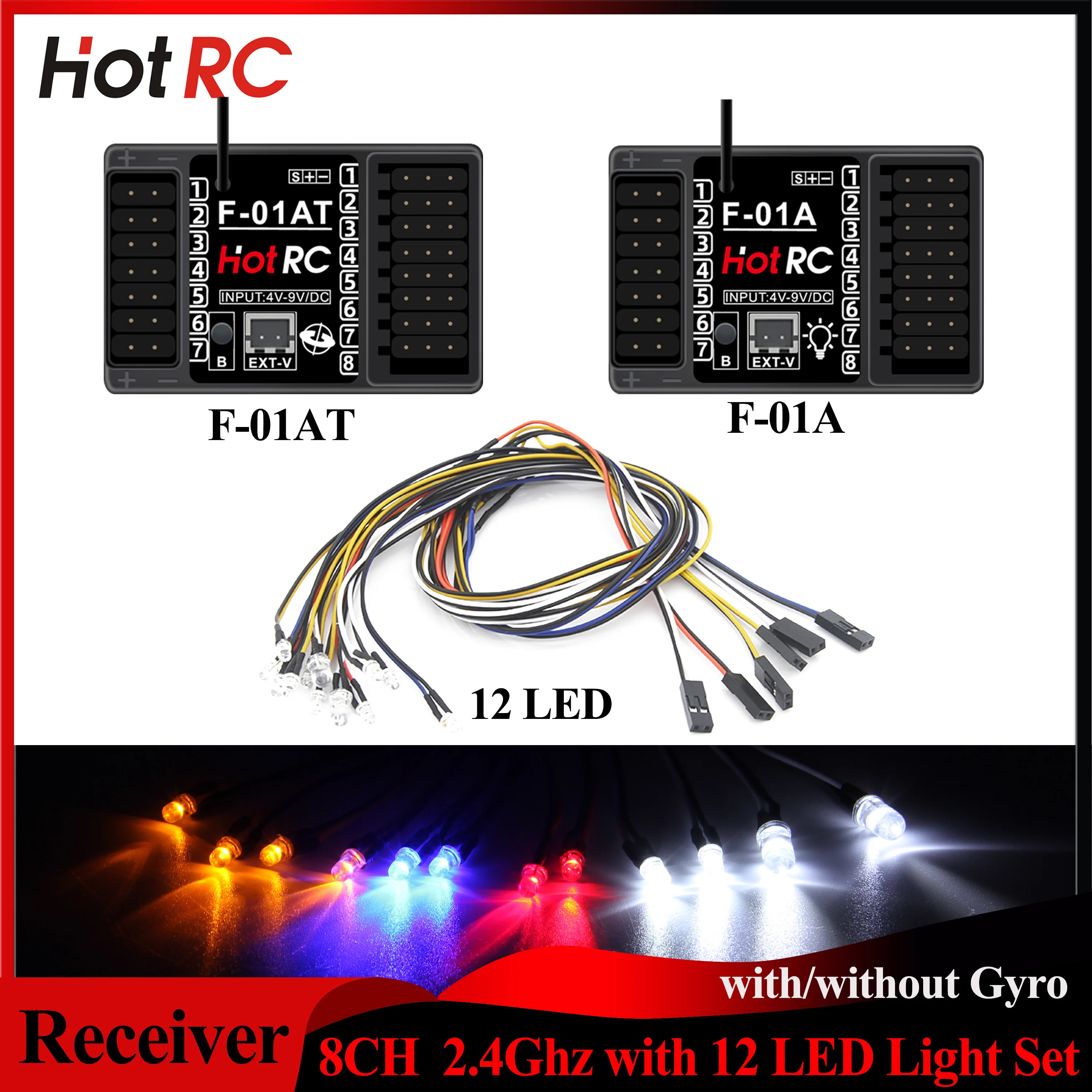 

HotRC 8CH 2.4G F-01A F-01AT Gyro Receiver Light Control Voltage Return PWM 12LED Lamp for RC Car Transmitter Aircraft Tank Boat