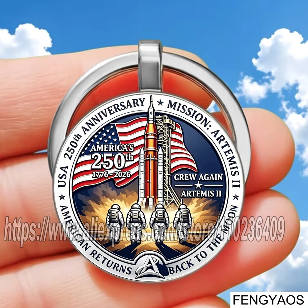 Flat Printed Hot 2026 Artemis II Apollo 11 Moon Landing Commemorative Keychains NASA Space Exploration Keychain Souvenir Gift