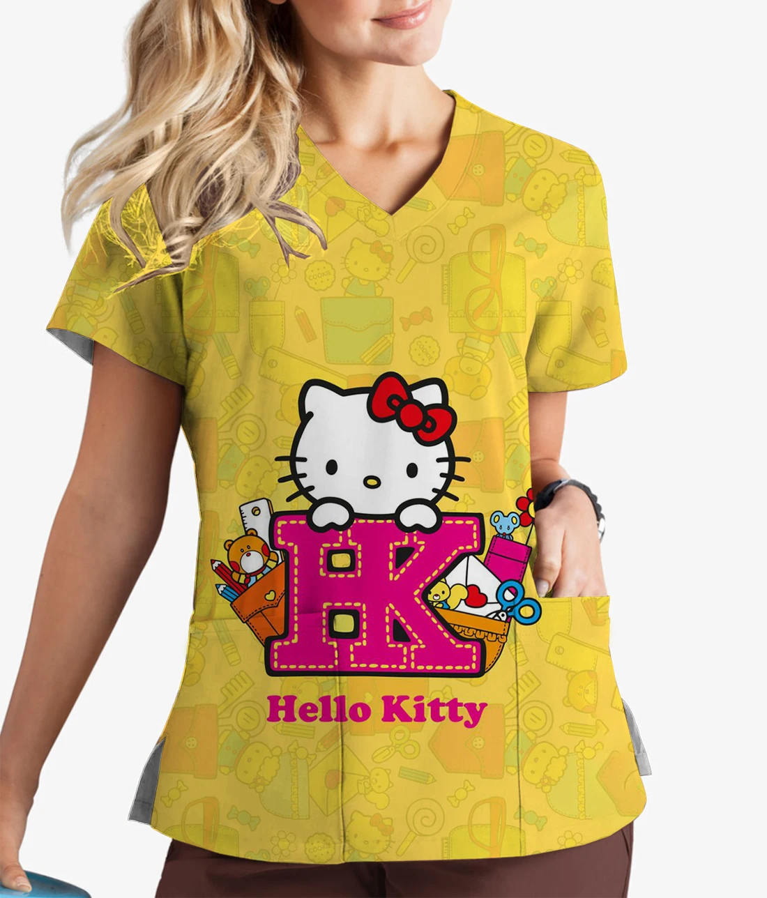 ディズニーシリーズハローキティプリントナース作業服、半袖ペット歯科医、医療、クリスマス、夏