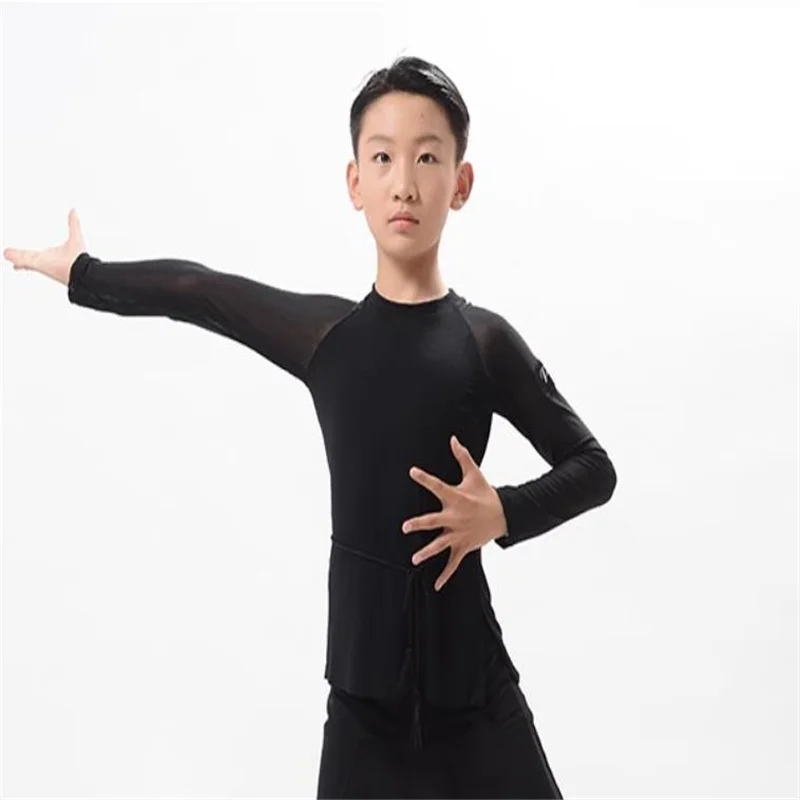 New boys Transparent sleeve Latin Shirt child black Ballroom Dance Clothing Salsa/Cha Cha/Rumba Dancing Clothes