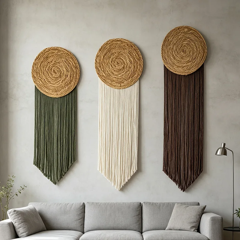 Rustic Woven Straw Circle Wall Tapestry Soft Cotton Tassel Wall Hanging Ornament Bohemian Style Background Decoration.