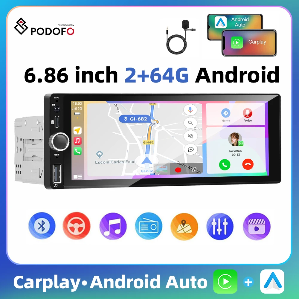 Podofo 1Din Android Car Radio 2+64G Multimedia Player Carplay Android Auto GPS Navigation WIFI Bluetooth Type-C FM/RDS Car Radio