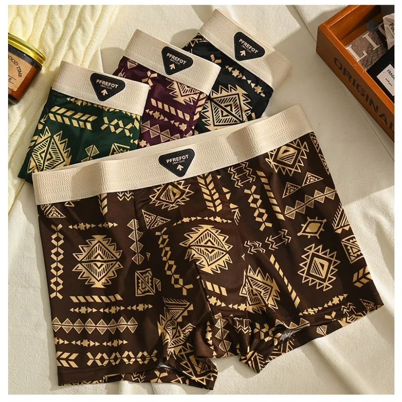 

3PCS Men's Printed Ice Silk Boxer Briefs Summer Thin Vintage Ethnic Style Mid Waist Comfortable Mens Underwear