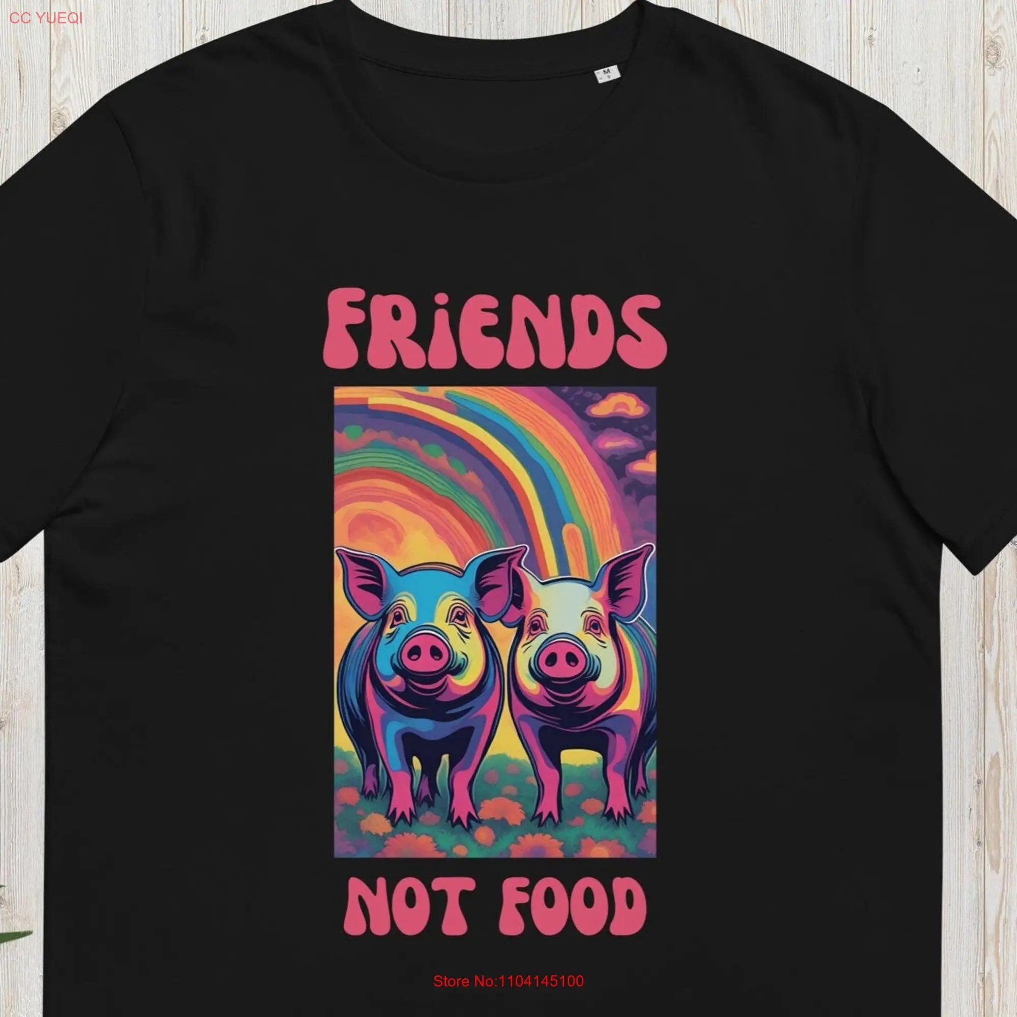 Friends not food vegan t shirt with farm animals in psychedelic style made of eco friendly organic cotton