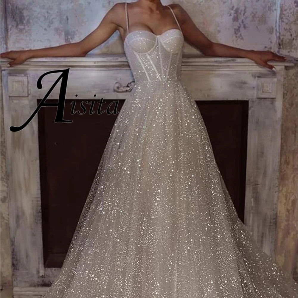 Robe de mariée sexy à col en V avec bretelles spaghetti, robe de mariée en fibre A-Line, robe de mariée en tulle à paillettes, robe éducative, CBUY