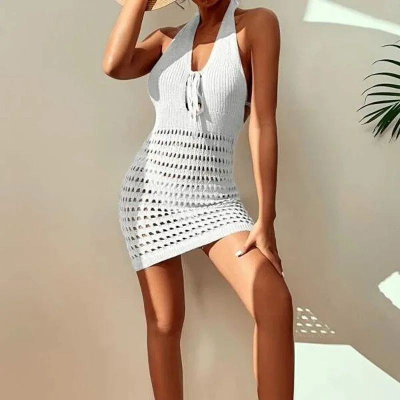 

European And American Summer New Dress For Women Solid Color Sexy Knitted Hollow Beach Bikini Swimsuit Cover-Up Sun Protection