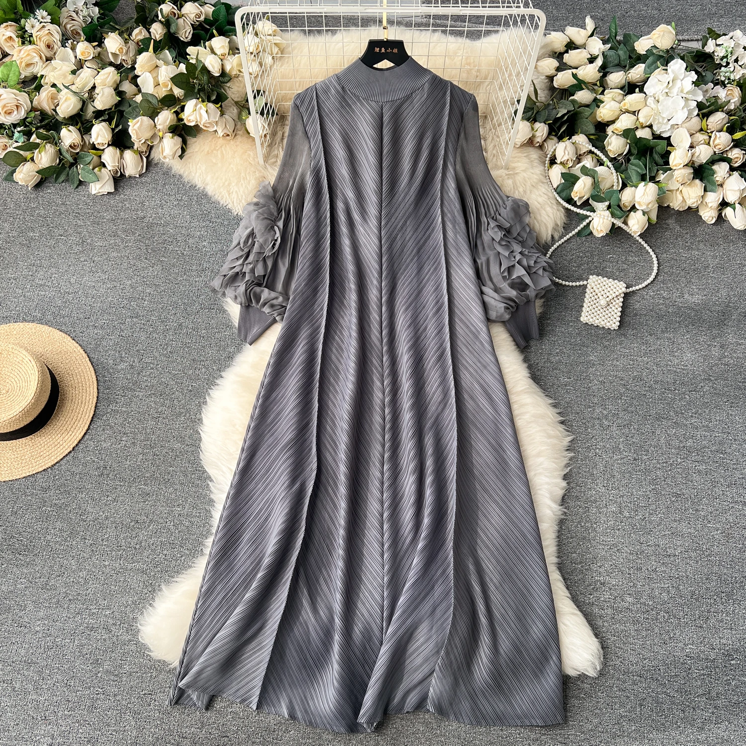 sweet pleated vintage Three-dimensional Flower loose Dress Chic Evening korean fashion Fashion Women summer dresses