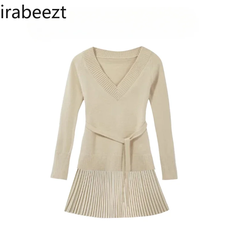 V-neck Sweater Knitwear Women's Fall Pleated Half Skirt Korean Early Autumn Wear Waist Collection Sexy 2 Pieces Suit