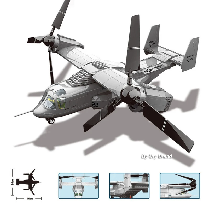 Military Helicopter Plane Army US V-22 Osprey Tiltrotor Transport Aircraft Set DIY 3D Expert Model Building Blocks Toys for Boys