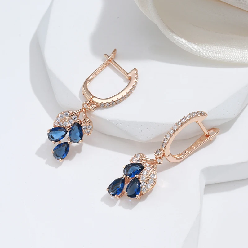 Kienl New 585 Rose Gold Color Long Earring for Women Vintage Blue Natural Zircon Flower Drop Earring High Quality Daily Jewelry