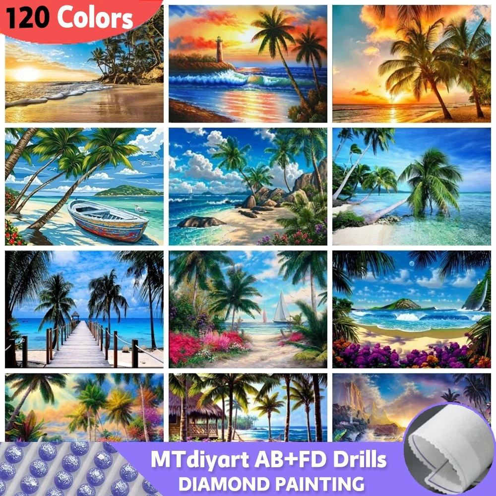 120 Colors Diamond Painting Seaside AB Fairy Dust Kit Coconut Tree Landscape Embroidery Mosaic Scenery Full Drills Home Decor