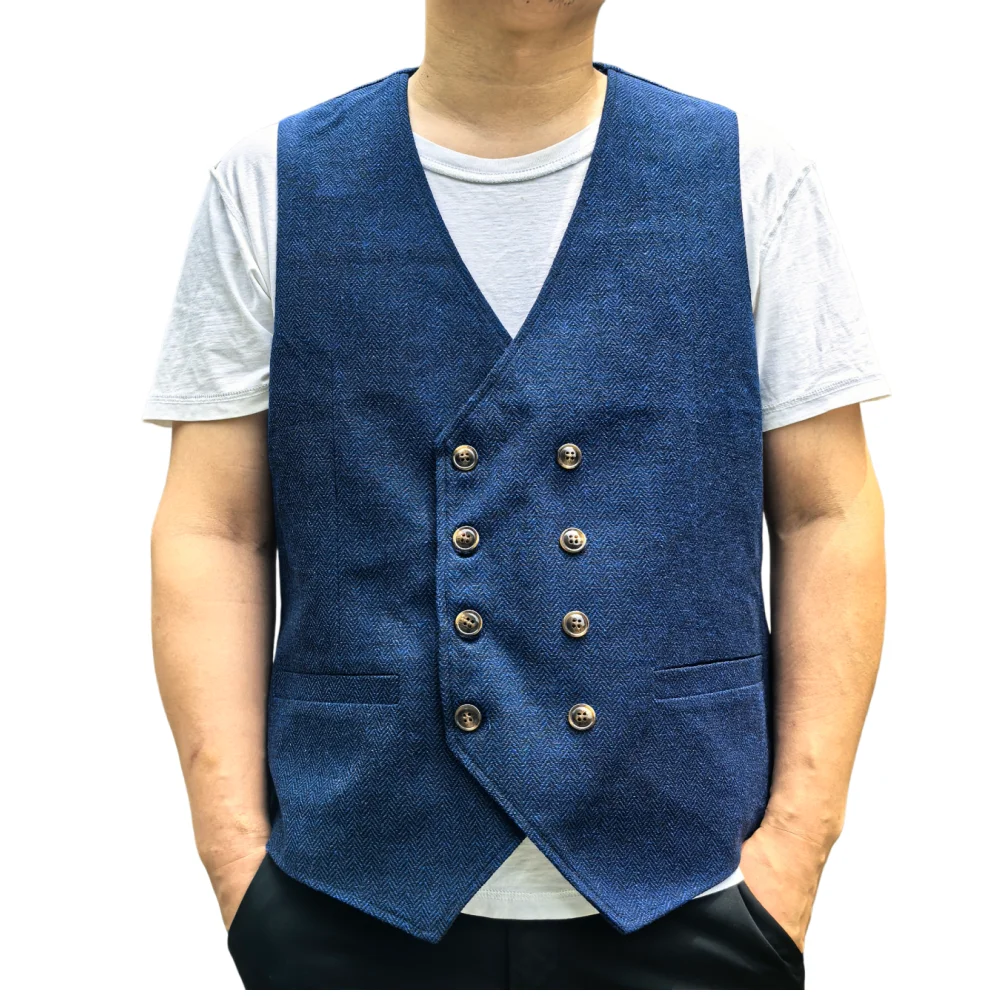 Men's  Suit Vest V Neck  Regular Fit Wool Herringbone Waistcoat Double Breasted For Wedding