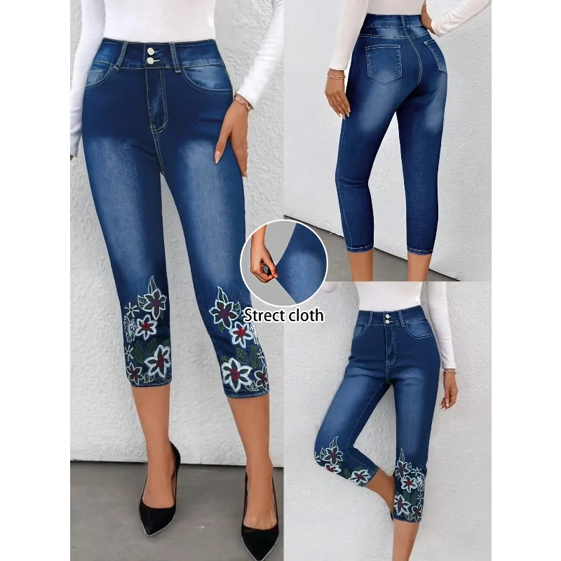 New Ladies' Embroidered Cropped Trousers, Comfortable, Casual and Versatile Elastic Models, Embroidered Jeans At Trouser Legs.