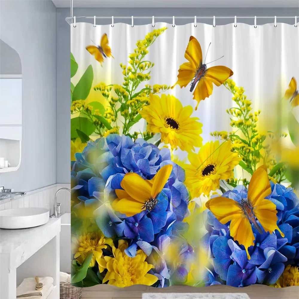 Nature Scenery Shower Curtain Pink Red Orchid Blossom Butterfly Lake Water Floral Theme Bathroom With Hook Waterproof Screen