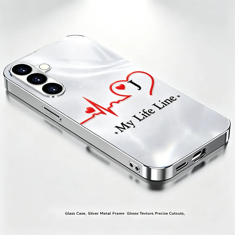 White Shimmer Base ECG Heart Graphic Glass phone case for Samsung Galaxy S26 S25 S24 S23 S22 S21 Ultra FE Plus Anti-Drop Shell