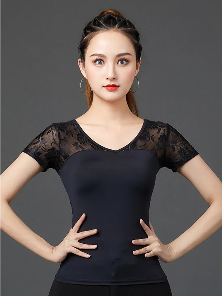 Mesh Patchwork Evening Tops Dance Sports Costume Women Latin Clothes Slim Fit Pole Practice Wear V Neck Ballroom Shirt