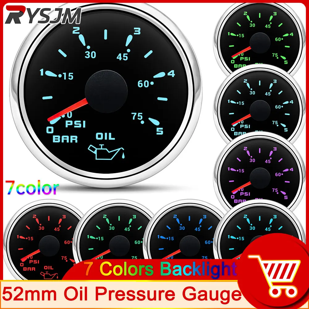 52mm Oil Pressure Gauge 7 Colors Automobile Oil Pressure Instrument 0-75 PSI 0-5 Bar Oil Pressure Gauge For Car Boat