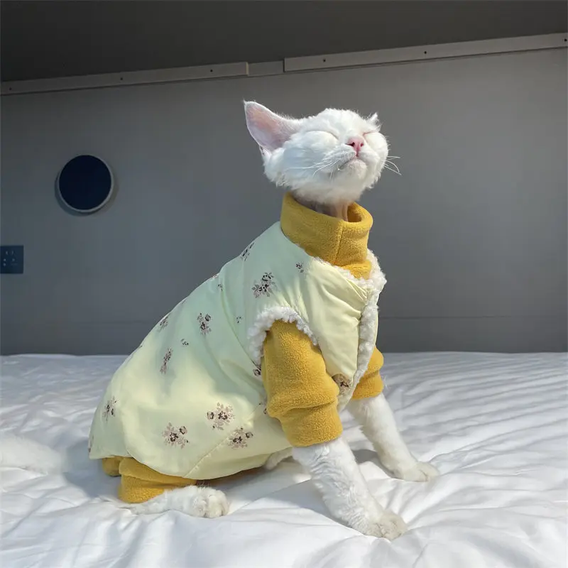 Cute Pet Cats Winter Vest Warm Yellow Fleece Pet Coat Soft Hat for Sphynx Hairless Cat Cold Weather Kittens Sleeveless Jacket