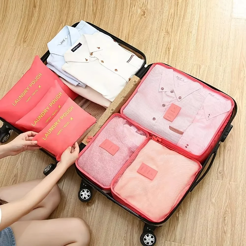 6‑Pcs Travel Packing Cubes Set Foldable Suitcase Clothing Storage Bags Portable Luggage Organizer Pouch Clothes Underwear Shoes
