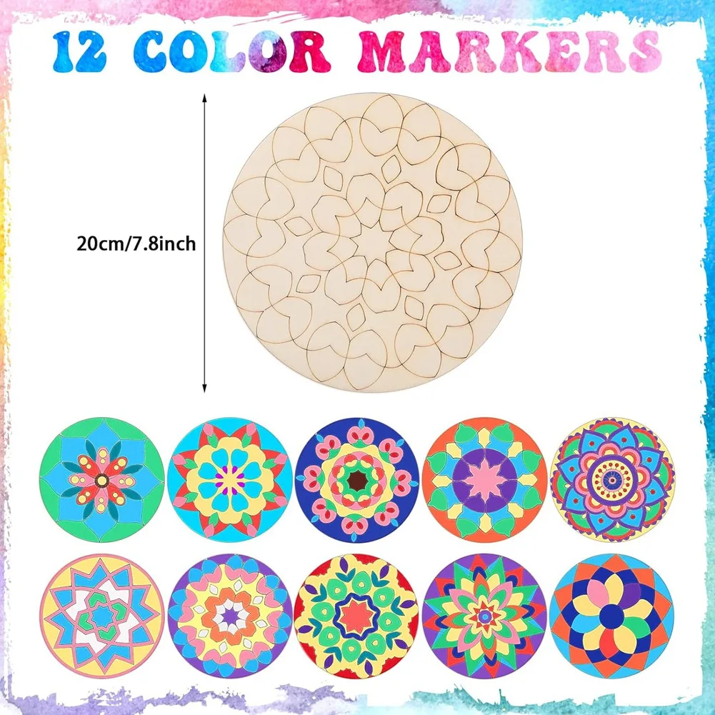 22 Pcs Wooden Mandala Painting Set 10 Mandala Unfinished Wood Cutouts with 12 Markers for Crafts Mandala Wood Slices