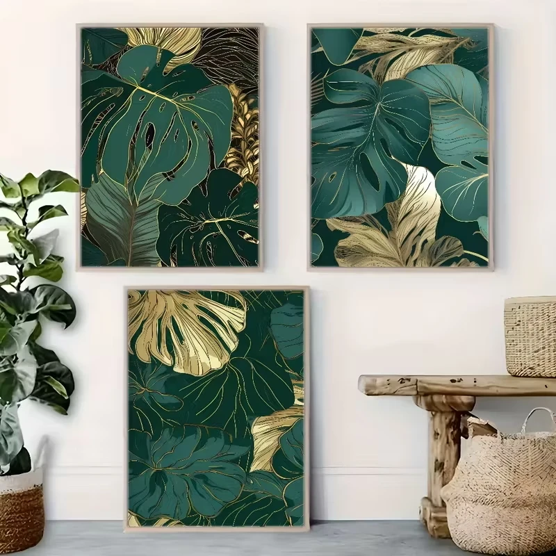 

3pcs The Golden Cyan Leaf Plant Canvas Art Wall Is Used Modern Home Decoration The Living Room, Bedroom, Home Office and Cafe
