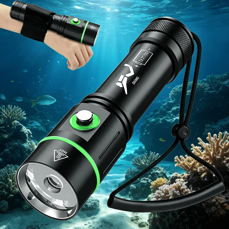 30W Super Bright Dive Torch Underwater Fill Light Flashlight Rechargeable with Hand Lanyard For Night Diving Underwater Shooting