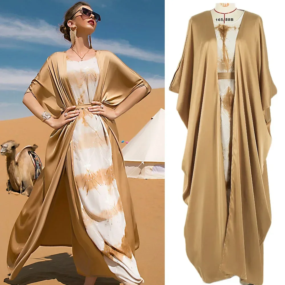 

Eid Muslim Abaya Women Dress 2 Piece Set Sequin Print Morocco Caftan Abayas Gowns Dubai Arabic Kimono Cardigan Robe Outwear Suit